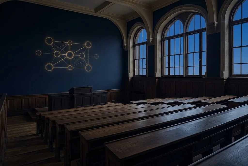 An empty university lecture hall at dusk with a diagram on the wall