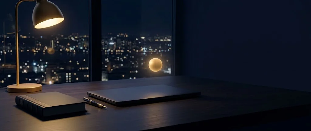 A desk by a window at night, with a book, a pen, a closed laptop and a small glowing sphere