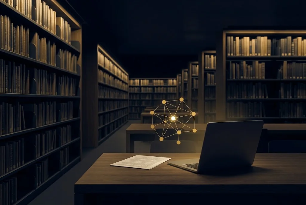 A research library at night with a laptop, a paper and a network of citations
