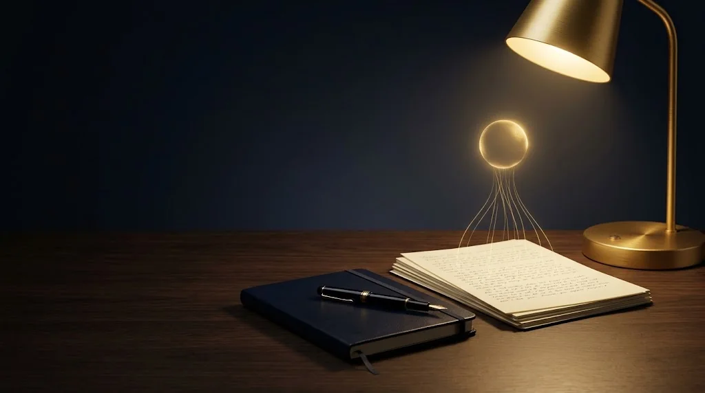 A desk at night with a notebook, a pen, a written manuscript and a small glowing sphere